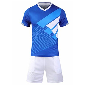 Ensemble de maillot de football bleu, col en V, manches courtes, uniforme d'équipe avec short blanc - Product Image 1