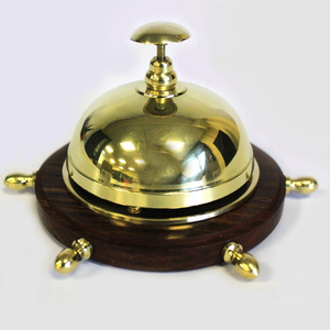 Premium Polished Brass Nautical Service <b>Bell</b> Classic Manual Push <b>Call</b> <b>Bell</b> with Stable Wood Round Base for School Restaurant - Product Image 1