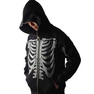 Sudadera con capucha impermeable de forro polar con cremallera completa para hombre, diseño de calavera con diamantes de imitación, personalizada, para otoño, venta al por mayor - Product Image 1