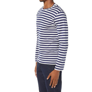 T-shirt à manches longues pour homme, rayé bleu marine et blanc, col rond, coupe classique, tricoté, style décontracté, coton respirant - Product Image 3