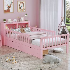 Letto singolo rosa per bambini con testiera con vano portaoggetti, due cassetti sotto il letto e tre sponde laterali per sicurezza e protezione - Product Image 2