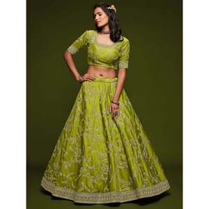 Impressionnant fil vert néon broderie Art soie mariage Lehenga Choli - Product Image 3