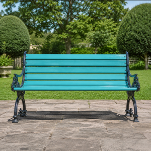 Banc de jardin en bois turquoise avec structure en fonte noire, mobilier d'extérieur pour patio et parc, style vintage avec accoudoirs à motifs, qualité supérieure - Product Image 1