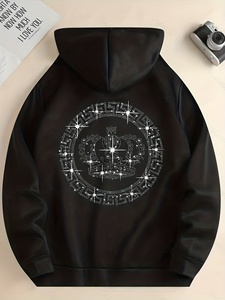 Sweat-shirt à capuche zippé intégral surdimensionné en molleton de coton premium, noir, avec motif graphique street art en strass, style urbain décontracté - Product Image 1