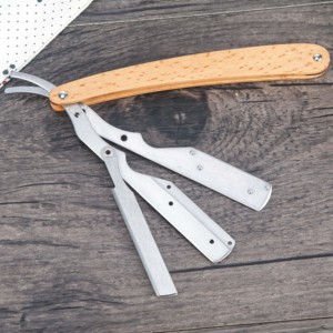 Maquinilla de afeitar con mango de madera para hombre, maquinilla de afeitar con hoja recta, desechable, de acero inoxidable, OEM - Product Image 1