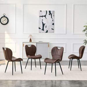 Set di 4 Sedie da Pranzo Marroni in PU con Maniglia Integrata, Telaio in Metallo Nero e Piedini Regolabili per Sala da Pranzo Domestica - Product Image 2