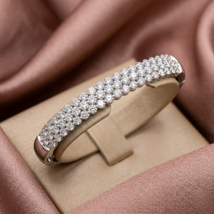 <b>Solid</b> 14k White <b>Gold</b> Natural Genuine Diamond Three Row Pave <b>Bangle</b> Figure Eight Safety Catch Hinged Luxury Fine Jewelry - Product Image 1