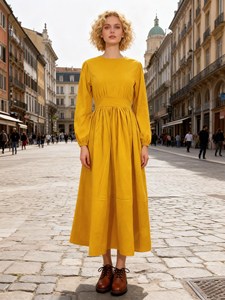 <b>Boho</b> Yellow Cotton <b>Long</b> <b>Dress</b> Women <b>Long</b> Sleeve Crew Neck High Waist Pleated Casual Midi <b>Dress</b> - Product Image 4