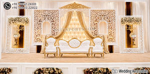 Luxury White & Gold Wedding <b>Backdrop</b> <b>Frames</b> For Theme Weddings Glamorous Indian Wedding Stage Setup with 3D <b>Backdrop</b> Panels - Product Image 4