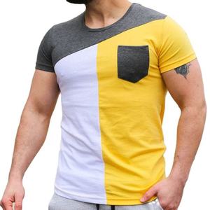 T-shirt à manches courtes pour homme, coupe classique, col rond, tissu polaire, style décontracté, jaune, blanc, gris, design avec poche sur le devant - Product Image 1