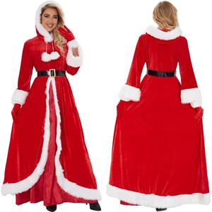 <span class=keywords><strong>Disfraces</strong></span> de Papá Noel de Navidad <span class=keywords><strong>para</strong></span> mujer, vestido Maxi de terciopelo con cinturón, guantes, conjunto de capa con capucha, trajes de fiesta de Navidad, Nochebuena - Product Image 3