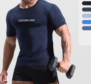 Camiseta de Compresión de Manga Corta Azul para Hombre, Cuello Redondo, Corte Ajustado, Secado Rápido, Estilo Deportivo, con Logotipo Personalizado Estampado en la Espalda - Product Image 5