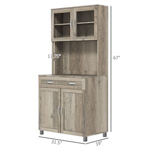 67\" Gray Modern <b>Kitchen</b> <b>Pantry</b> Buffet with Hutch Freestanding Cabinet Design Featuring Glass Doors Shelves Drawers - Product Image 3