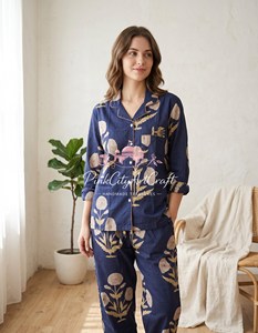 Conjunto de Pijama de Algodón Estampado a Mano con Flores Azules Marinos para Mujer, Transpirable, de Secado Rápido, Elegante, de Manga Larga, para Verano, Otoño y Primavera - Product Image 3