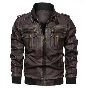 <b>Men's</b> Genuine Leather Moto <b>Jacket</b> Stand Collar Zipper Front Solid Color Slim Fit Regular Length Autumn Wear - Product Image 2