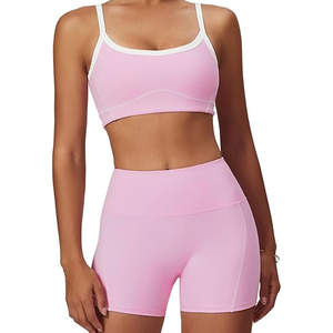 Private Label Womens Yoga Workout Set Two Piece <b>Low</b> Waist Shorts and Activewear <b>Top</b> Solid Front Logo Eco-Friendly Breathable - Product Image 1