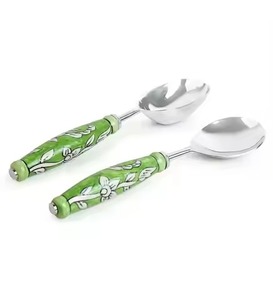 Golden Salad <b>Servers</b> Set with Wooden Handles Green Patterned Design for Serving Salads and <b>Buffet</b> Use - Product Image 2