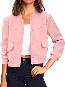 Chaqueta Bomber Rosa de Forro Polar para Mujer, Casual, Cuello Alto, Manga Larga, Cierre de Botones, Bolsillos con Parches, Color Sólido, Ropa de Abrigo para Otoño - Product Image 1