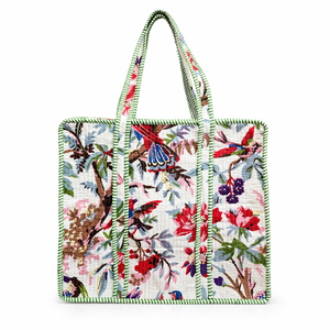Bolso Tote de Hombro Le Souvenirs Lady, Base Blanca, Estampado Floral, Tela de Algodón, Cierre de Cremallera, Estilo Vintage, Asas a Rayas, Lona - Product Image 1