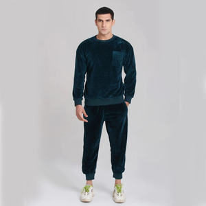 Men's Dark Green <b>Velvet</b> <b>Tracksuit</b> Set Full Sleeve Crew Neck Sweatshirt Jogging Pants Solid Color Casual Wear Winter Style - Product Image 1