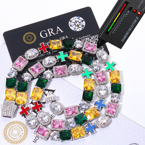 Bracelet de luxe en moissanite arc-en-ciel, serti de pierres multicolores taille émeraude et rondes, avec breloque croix, bijoux de déclaration hip-hop, cadeaux - Product Image 1