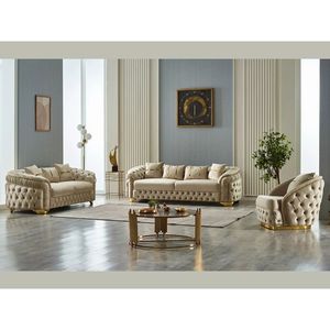 Luxury Solid Teak Wood <b>Sofa</b> Set Modern Chesterfield Beige Velvet 3 1 1 Seater <b>Gold</b> <b>Sofa</b> Glass Coffee Table Villa Furniture - Product Image 1