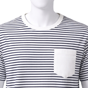 Camiseta a rayas para hombre con logotipo personalizado, bolsillo en contraste, 100% algodón, informal, de manga corta. - Product Image 3