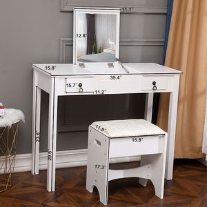 White Straight Feet Dresser with Flip Single <b>Mirror</b> and Double Drawers MDF <b>Makeup</b> Table for Bedroom and Living Room Use - Product Image 6