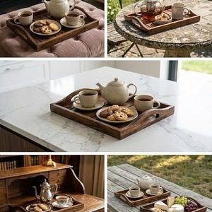 Juego de 2 bandejas de madera para servir con asas – Bandeja de madera de acacia maciza con listones para servir comida, té, café y desayuno - Product Image 5