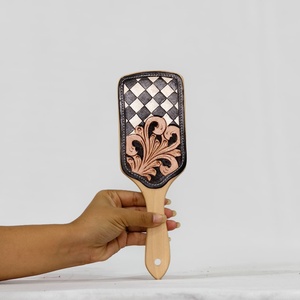 Wooden Hair Brush With <b>Leather</b> Inlay Geometric Pattern Fashionable Classic Design pattern wooden <b>Leather</b> inlay <b>Rivet</b> detail - Product Image 2