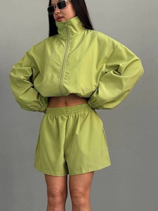 Conjunto Deportivo de Dos Piezas para Mujer, Color Rosa, Manga Larga con Cierre, Pantalones Cortos Deportivos, Estilo Holgado, Color Sólido, Tejido de Poliéster, para Primavera/Verano - Product Image 5