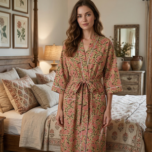 ชุดคลุมยาวผ้าฝ้ายพิมพ์ลายดอกไม้, ชุดคลุมยาวสไตล์กิโมโนคอวีมีเชือกผูกผ้านุ่มระบายอากาศได้ดีใส่อยู่บ้าน - Product Image 5