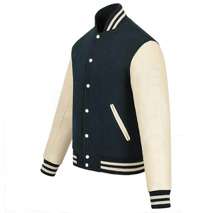 เสื้อแจ็คเก็ตวาร์ซิตี้สีกรมท่าสำหรับผู้ชาย แขนเสื้อหนัง PU สีครีม ปกเสื้อพับได้ สไตล์ลำลองแบบเบสบอล ทรงปกติ เหมาะสำหรับใส่ในฤดูใบไม้ร่วง - Product Image 3