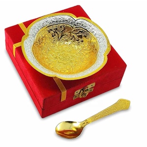 ชุดชามช้อนทองเหลืองชุบทองและเงินพร้อมกล่องสีน้ำเงินถ้วยเสิร์ฟขนมผลไม้แห้งสำหรับของขวัญแต่งงานคริสต์มาสงานขึ้นบ้านใหม่ - Product Image 5
