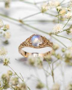 Bague de fiançailles en pierre de lune Gao, argent sterling 925 massif, plaqué or 14 carats, certifiée IGI, style Art Déco, unique, inspirée de la nature, minimaliste - Product Image 6