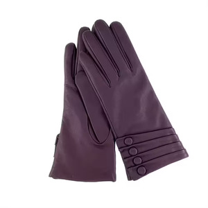 Purple Leather Wrist Length Gloves With Button Detail Plain Style Casual Wear Winter Warmth - Product Image 2