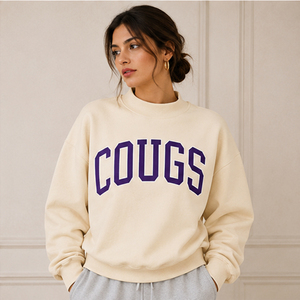 Sudaderas con cuello simulado personalizables al por mayor con estampado de letras Cougs, de corte holgado, para mujer, estilo casual, con hombros caídos, para el día del partido universitario - Product Image 3