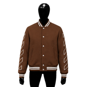 PREMIUM BROWN VARSITY <b>JACKET</b> FOR <b>MEN</b> With <b>White</b> Geometric Stripes On Sleeves Turn-down Collar Casual Autumn Wear STREET FASHION - Product Image 1