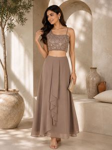 Brown Embroidered Georgette Lehenga Set Floral Spaghetti Strap Crop <b>Top</b> Pleated Maxi Skirt Party Wear - Product Image 1