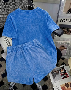Women 2-Piece Set Blue Floral Print Short Sleeve Top With Shorts Casual Loose Fit Spring Summer Wear - Product Image 2