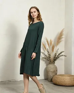 Vestido Midi de Lino y Algodón Verde para Mujer, Cuello Redondo, Manga Larga, Estilo Boho, Holgado, con Bolsillos, para Uso Diario Informal de Otoño - Product Image 5
