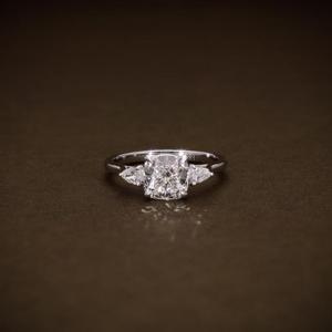 <b>Cushion</b> Cut Solid White Gold Diamond <b>Ring</b> Prong Setting Simple Three Stone Pear Side Accents Plain Band Classic Engagement <b>Ring</b> - Product Image 1