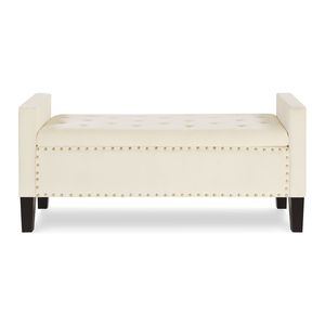 Banco tapizado en crema con botones capitoné y almacenamiento, con adornos de clavos, asiento acolchado suave para entrada, sala de estar, reposabrazos, banco de cama - Product Image 3