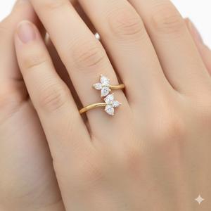 Anillo Abierto Ajustable de Oro Puro de 14K y 18K con Diamantes Cultivados en Laboratorio, Diseño Floral de 2 Marquesas, Estilo Moderno para Mujer - Product Image 3