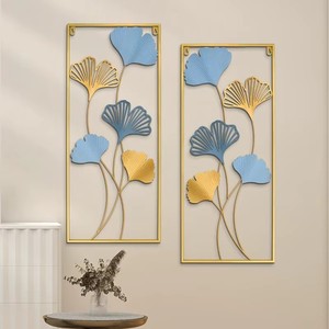 Décoration murale moderne en métal pour salon, ensemble de 2 sculptures murales rectangulaires à motif de feuillage, bleu or - Product Image 4