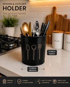 Porte-ustensiles cylindrique noir avec icônes dorées pour couverts – Support de rangement minimaliste pour cuillères, spatules et fourchettes - Product Image 2