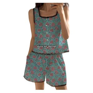 Ensemble de pyjama d'été en coton pour demoiselle d'honneur, avec short à bordure en dentelle, style indien décontracté et sexy, imprimé floral sans manches, collection printemps/été, motif imprimé au bloc - Product Image 3