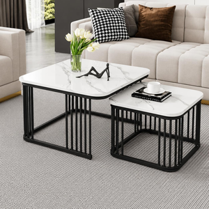 Ensemble de tables basses gigognes modernes avec plateau en contreplaqué à motif marbre et structure en métal noir pour salon et mobilier de maison - Product Image 3