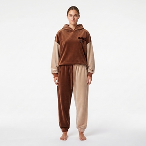 Ensemble de survêtement décontracté en velours pour femme, avec sweat à capuche et pantalon, blocs de couleur, manches longues, poignets côtelés, poches, coupe ample, deux pièces - Product Image 5