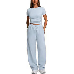 Ensemble de vêtements pour femmes en modal doux, à lacets, uni, long, avec haut à manches courtes et pantalon assorti - Product Image 2